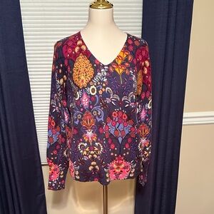 Talbots Pure Cashmere V-Neck Sweater - Navy  & Multicolor Floral Print NWT